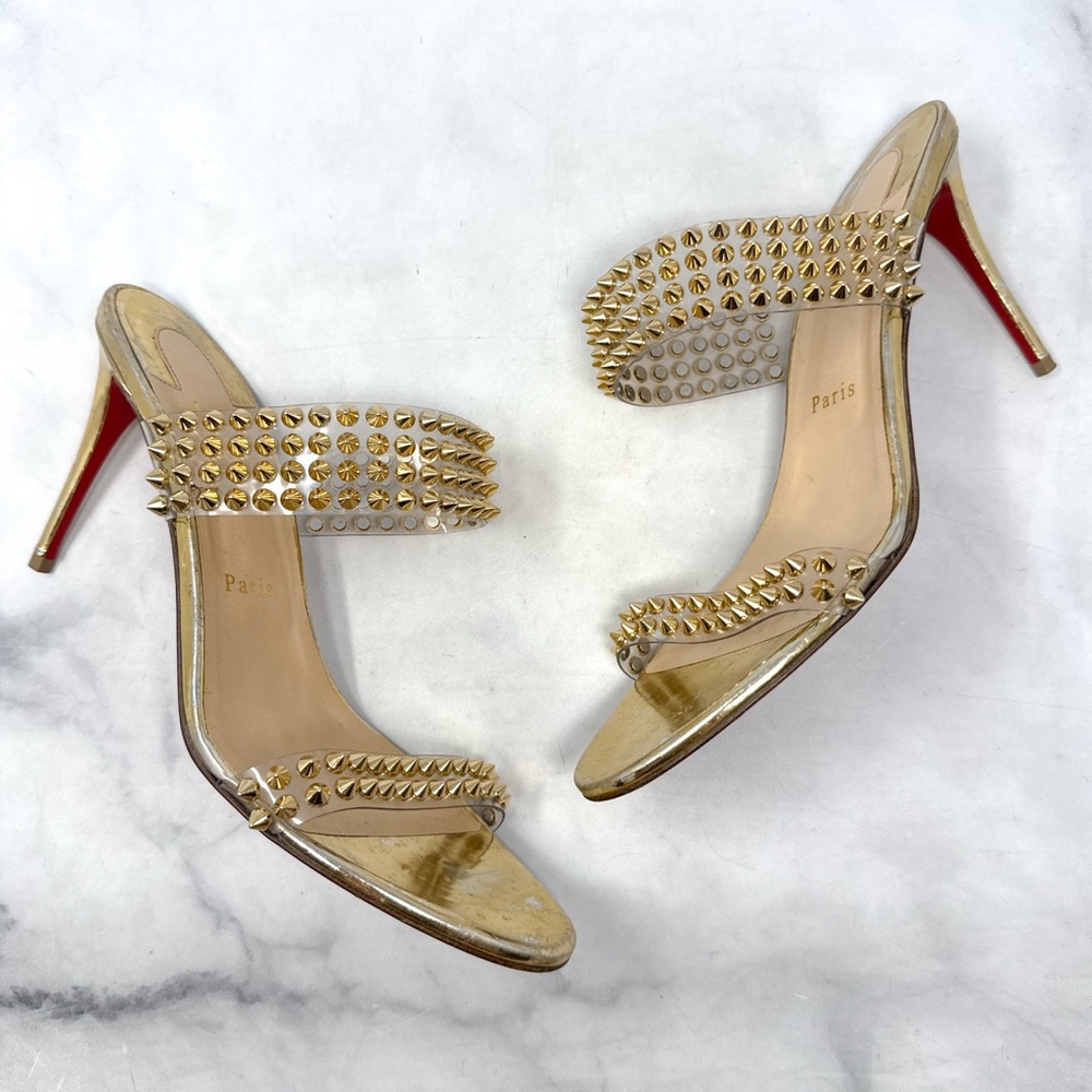 Christian Louboutin Spikes Only PVC Chrome Open Toe Mule Sandal Heels Gold 42 - Picture 4 of 16